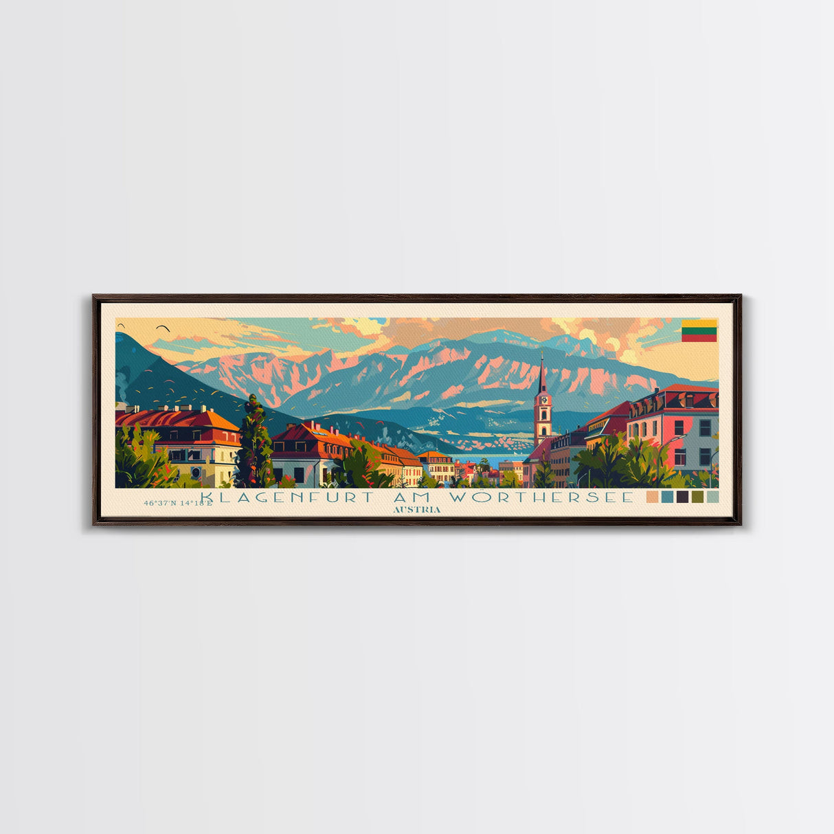 Klagenfurt Austria Panoramic Travel Poster, Framed Canvas Print or Metal Wall Art, Travel Art, Home Decor, Panoramic Painting, Midcentury Art