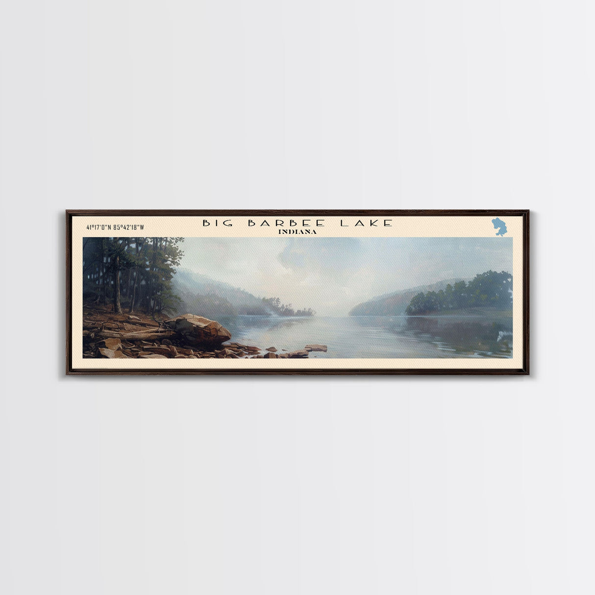 Big Barbee Lake Indiana Framed Canvas Print, Panoramic Lake House Art, Scenic Painting, Travel Poster, Rustic Decor, Nature Scene