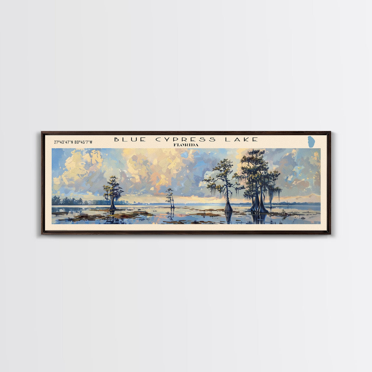 Blue Cypress Lake Florida Framed Canvas Print, Lake House Art, Panoramic Scenic View, Travel Poster, Modern Decor, Lake Painting