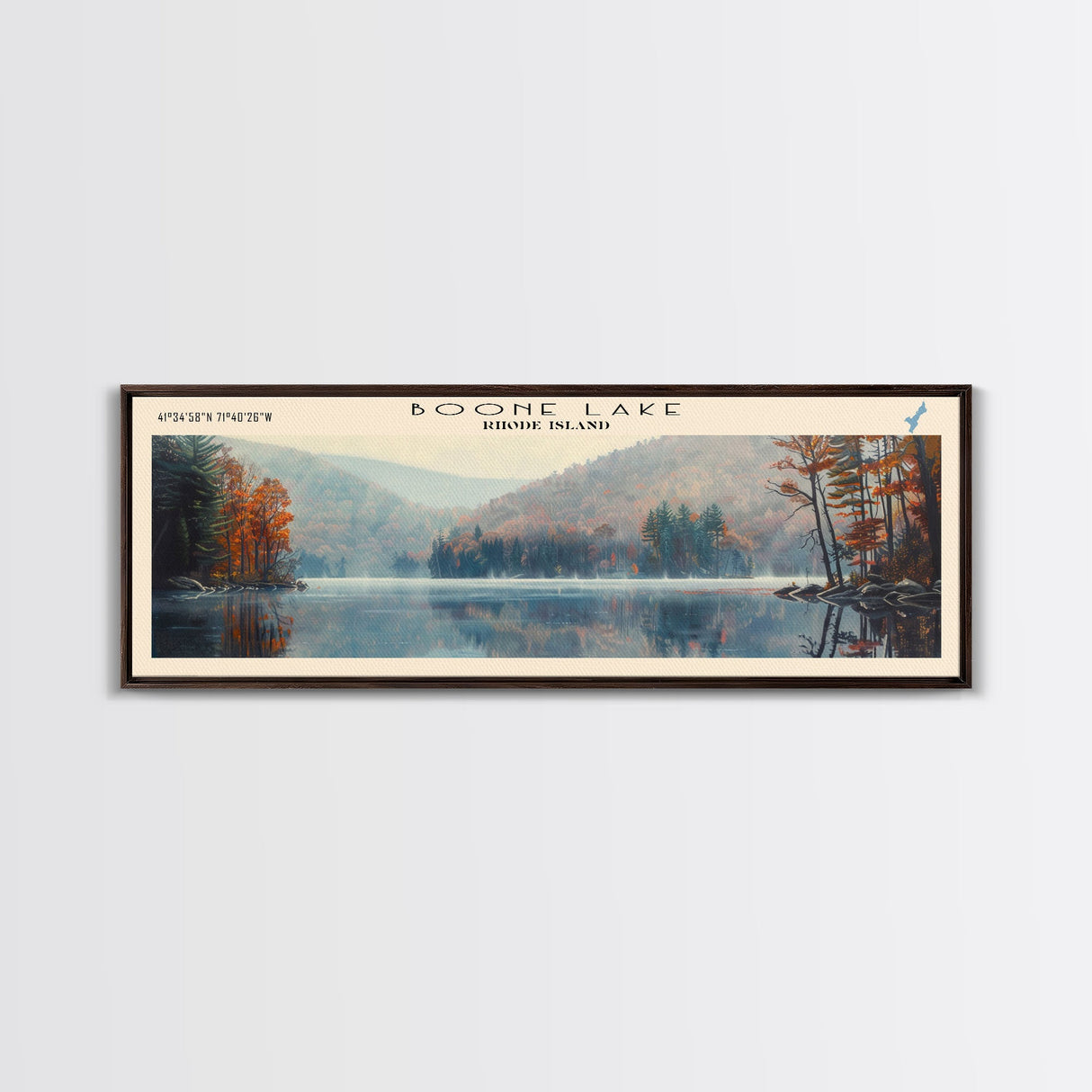 Boone Lake Rhode Island Framed Canvas Print, Panoramic Lake House Decor, Scenic View, Travel Poster, Rustic Art, Lake Painting