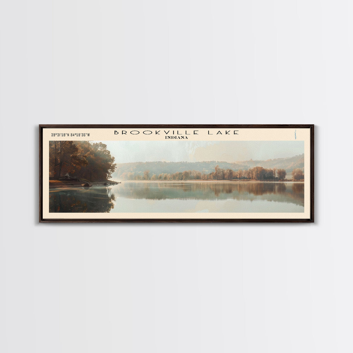 Brookville Lake Indiana Framed Canvas Print, Lake House Decor, Panoramic Wall Art, Travel Poster, Rustic Lake Painting, Nature Art