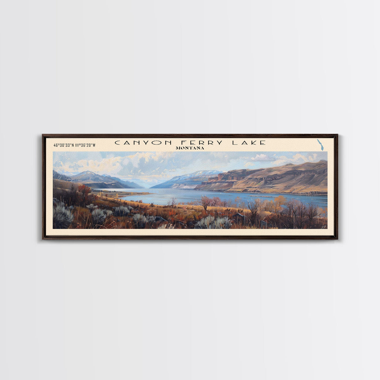 Canyon Ferry Lake Framed Canvas Print, Panoramic Lake House Decor, Wall Art, Travel Poster, Modern Lake Painting, Home Decor