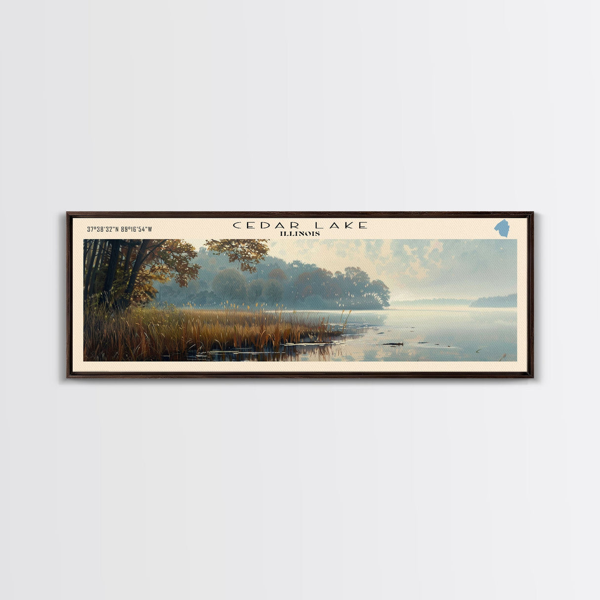 Cedar Lake Illinois Framed Canvas Print, Lake House Art, Panoramic Wide Art, Travel Poster, Minimalist Lake Painting, Home Decor