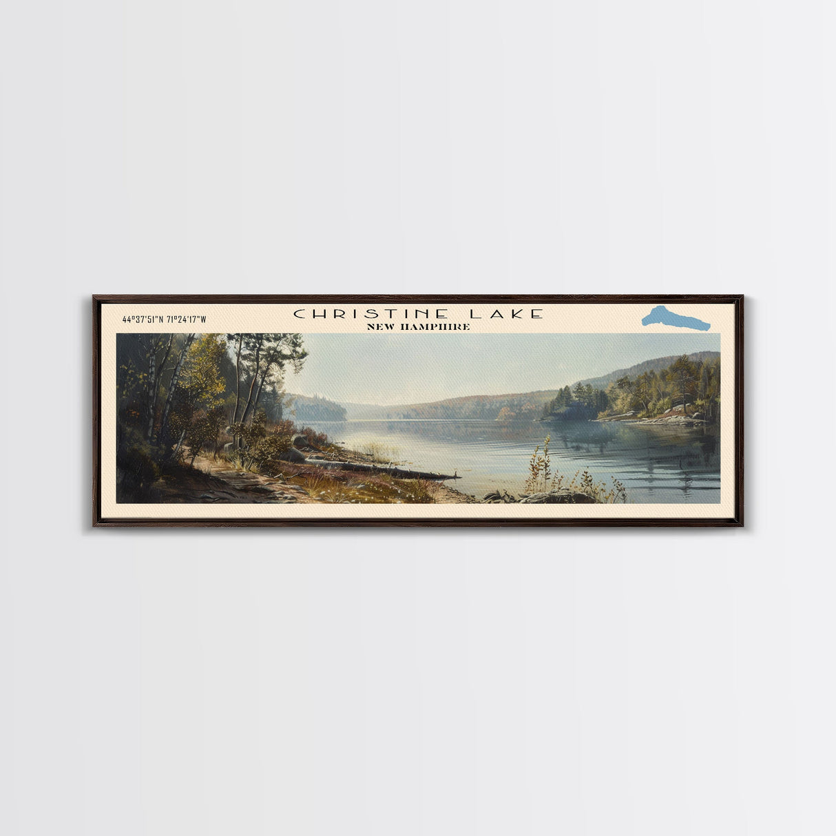 Christine Lake New Hampshire Framed Canvas Print, Lake House Art, Panoramic Wide Art, Travel Poster, Rustic Lake Painting, Home Decor