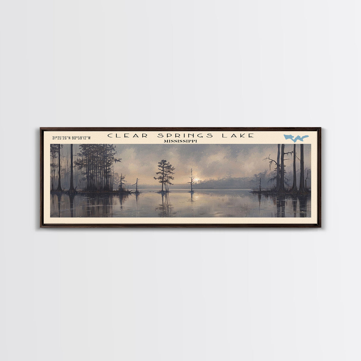 Clear Springs Lake Mississippi Framed Canvas Print, Panoramic Lake House Decor, Wide Wall Art, Travel Poster, Modern Lake Painting, Nature Art