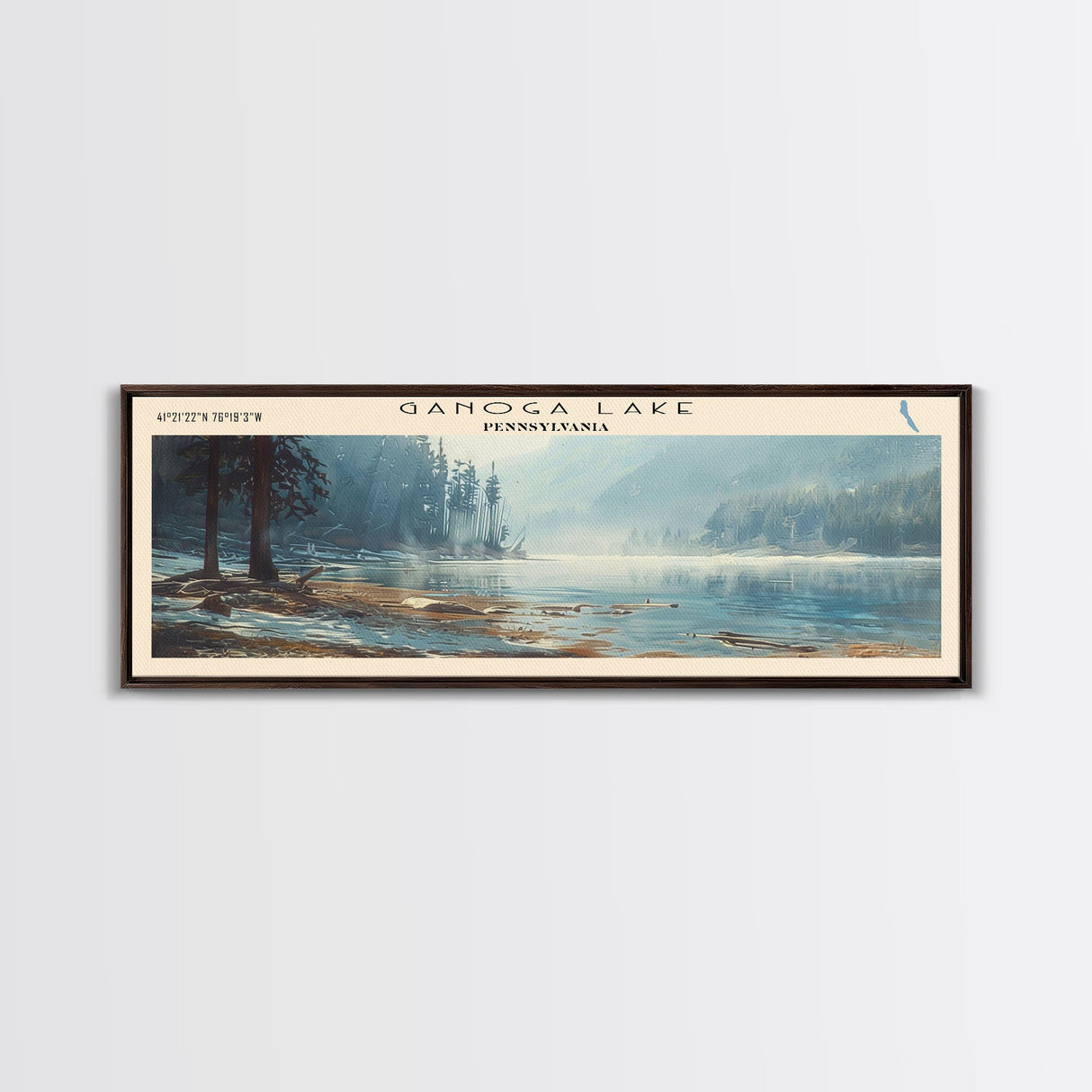 Ganoga Lake Pennsylvania Framed Canvas Print, Panoramic Lake House Decor, Wall Art, Travel Poster, Vibrant Lake Painting, Nature Art