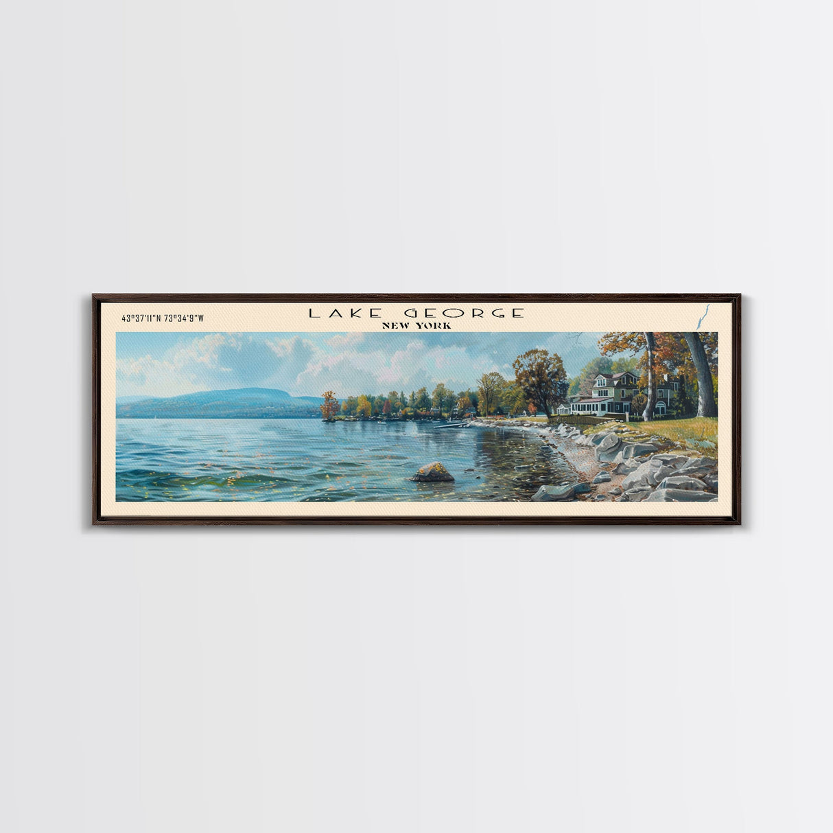 Lake George New York Framed Canvas Print, Lake House Decor, Panoramic Wall Art, Travel Poster, Stunning Landscape Painting, Home Art