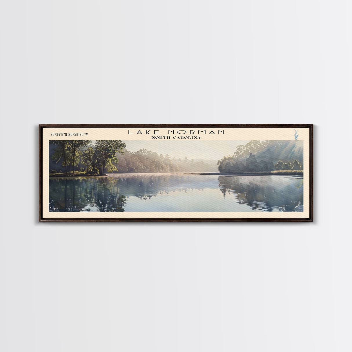 Lake Norman North Carolina Framed Canvas Print, Lake House Decor, Panoramic Wall Art, Travel Poster, Scenic Landscape Painting, Contemporary Art