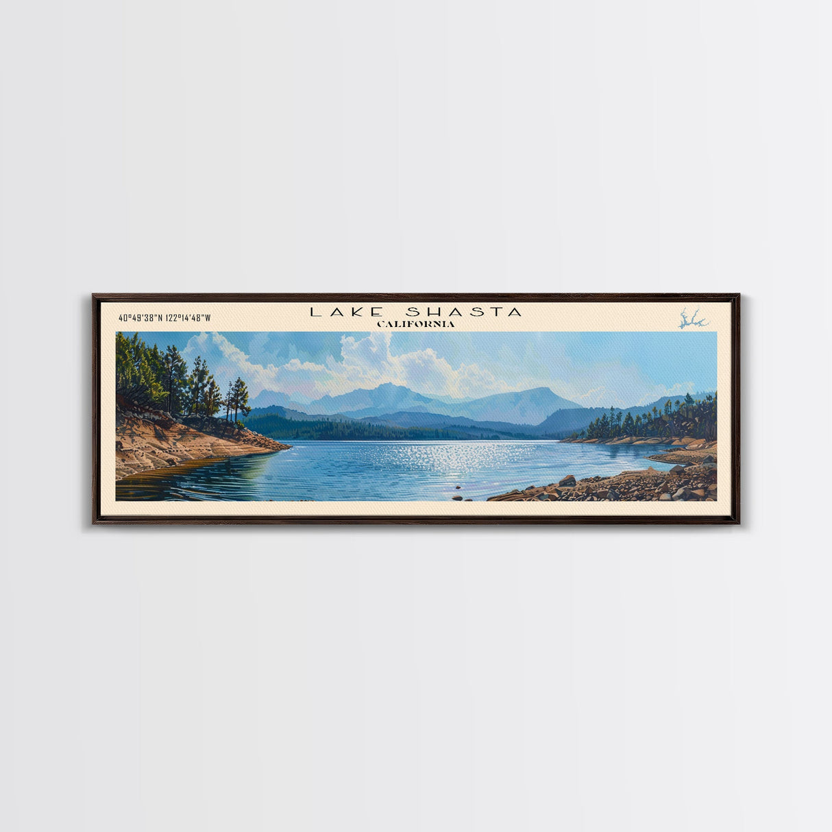 Lake Shasta, Boho Art, Beautiful Landscape, Travel Poster Art, Wall Art, Home Decor, Nature Scene, Lake Painting, Minimalist Art, Rustic Art, Travel Print, Framed Canvas Print, Lake House Decor, Panoramic Print