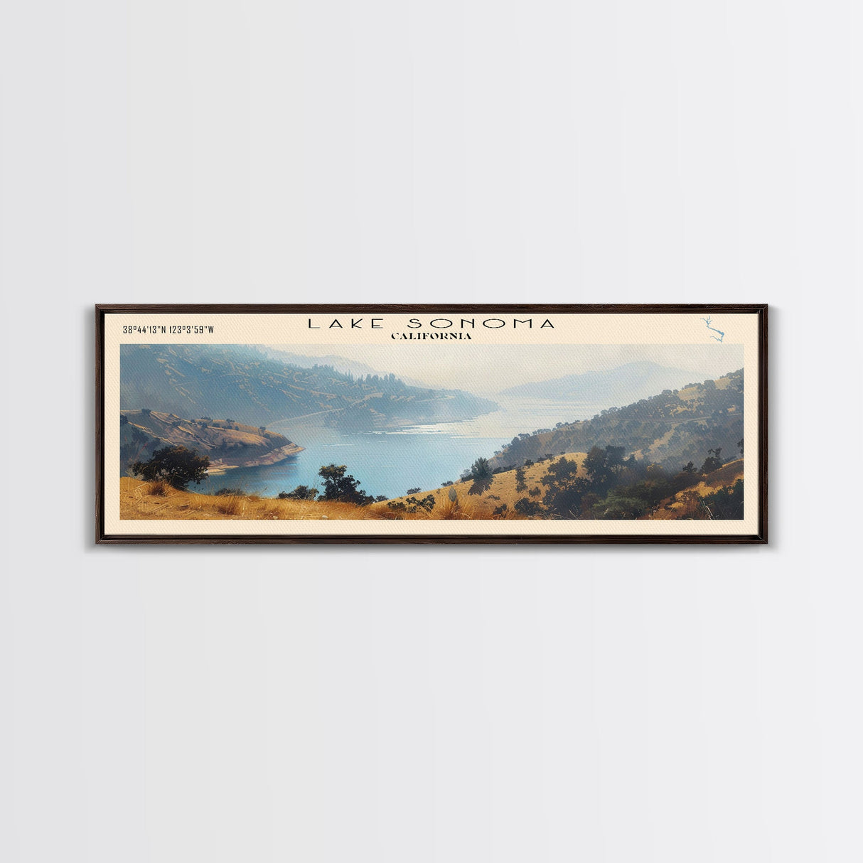 Lake Sonoma California Framed Canvas Print, Lake House Decor, Panoramic Wall Art, Travel Poster, Stunning Landscape Painting, Contemporary Art