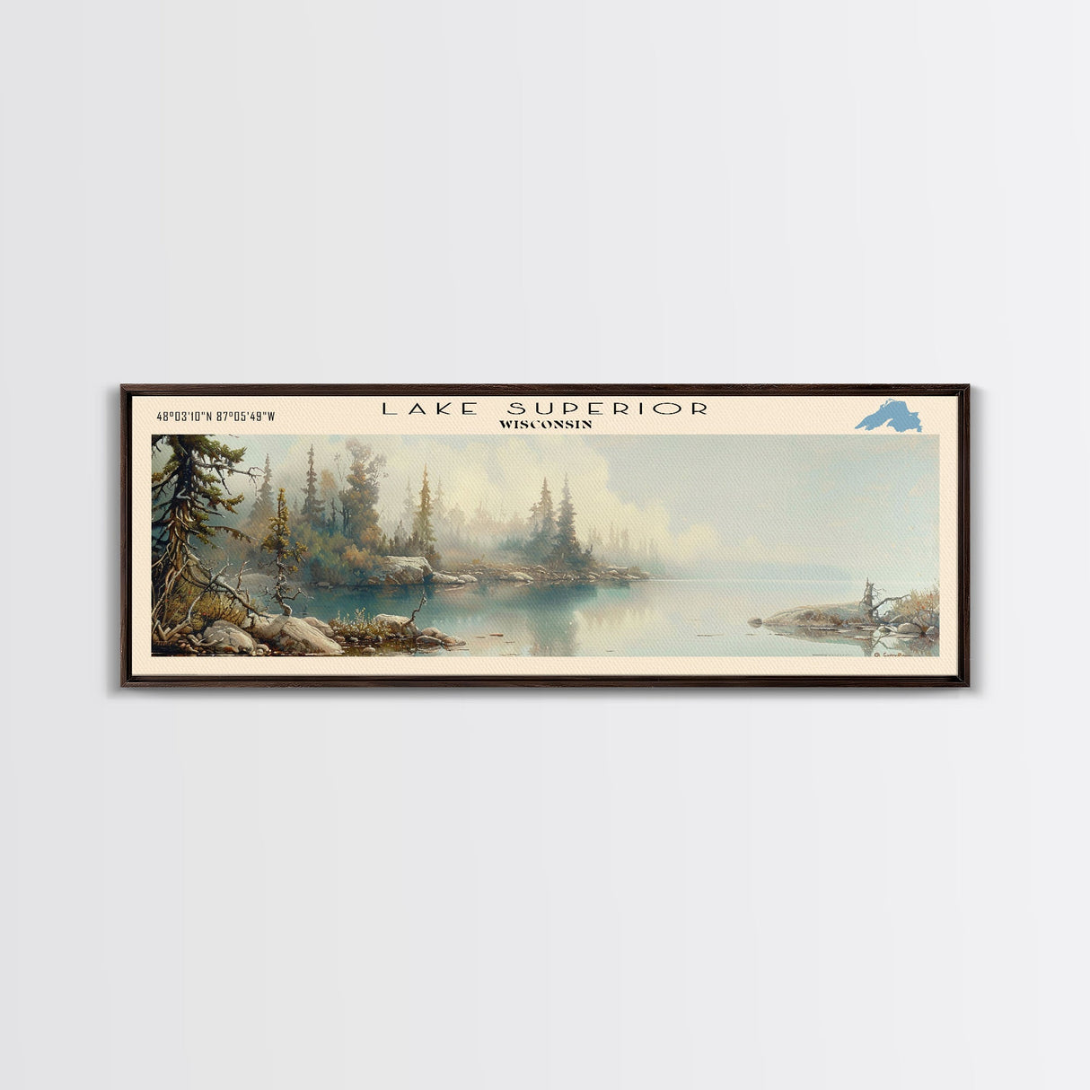 Lake Superior Framed Canvas Print, Lake House Decor, Panoramic Wall Art, Travel Poster, Beautiful Landscape Painting, Modern Art