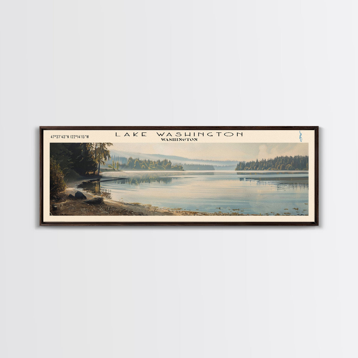 Lake Washington Framed Canvas Print, Lake House Decor, Panoramic Wall Art, Travel Poster, Scenic Landscape Painting, Bedroom Decor