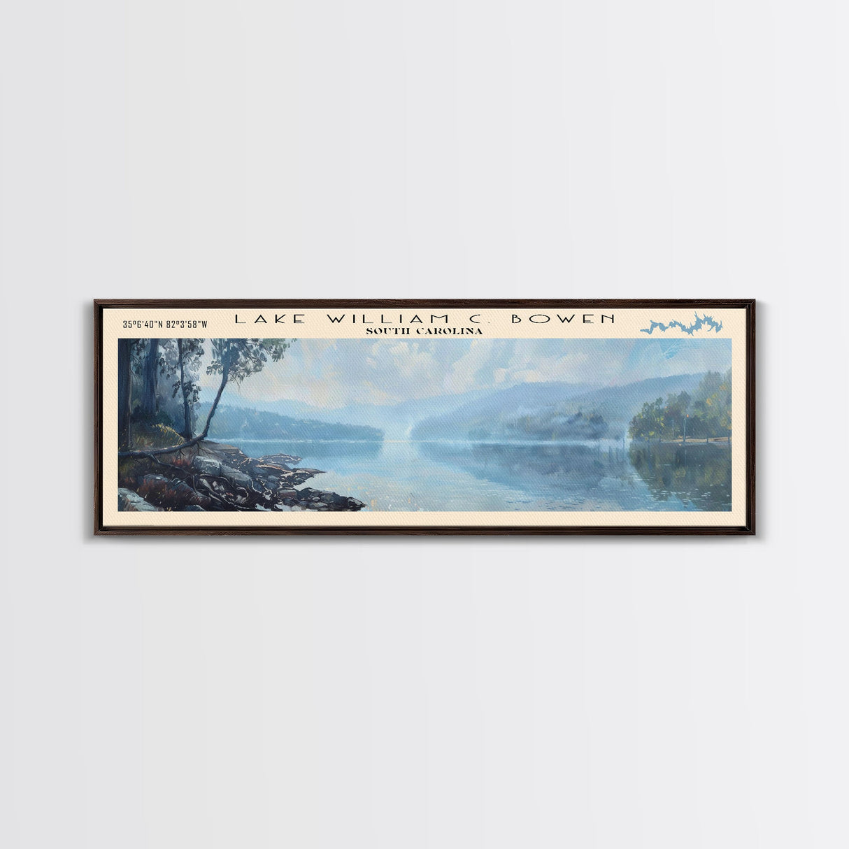 Lake William C Bowen South Carolina Framed Canvas Print, Lake House Decor, Panoramic Wall Art, Travel Poster, Landscape Painting, Bedroom Decor