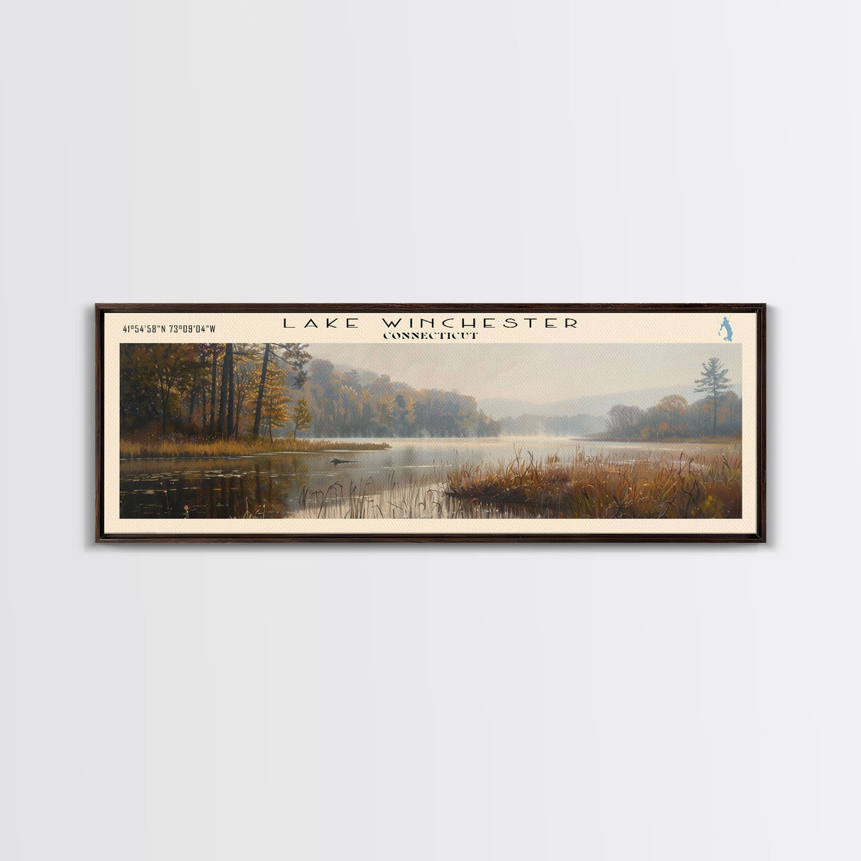 Lake Winchester Connecticut Framed Canvas Print, Lake House Decor, Panoramic Wall Art, Travel Poster, Landscape Painting, Contemporary Art