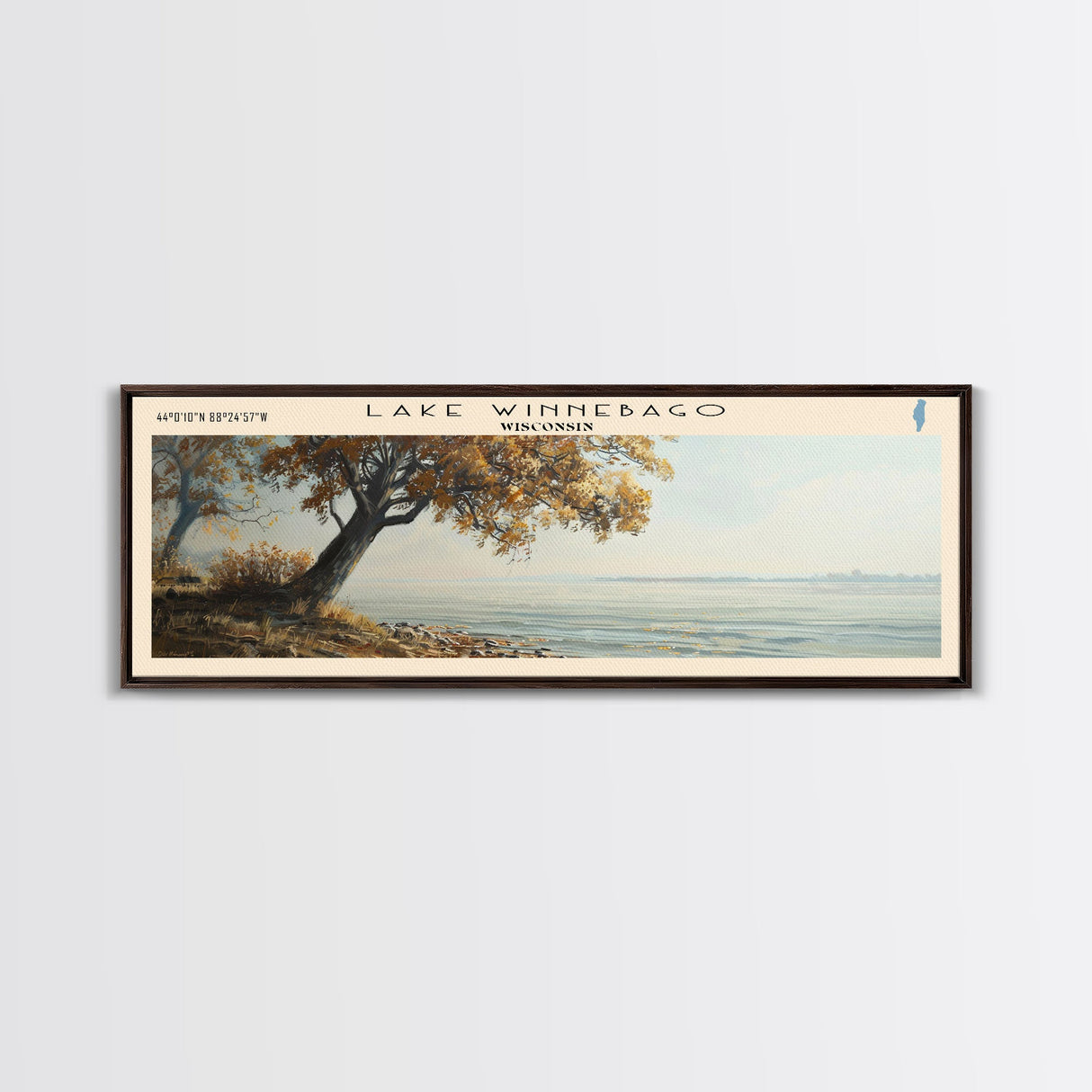 Lake Winnebago Framed Canvas Print, Lake House Decor, Panoramic Wall Art, Travel Poster, Beautiful Landscape Painting, Living Room Decor