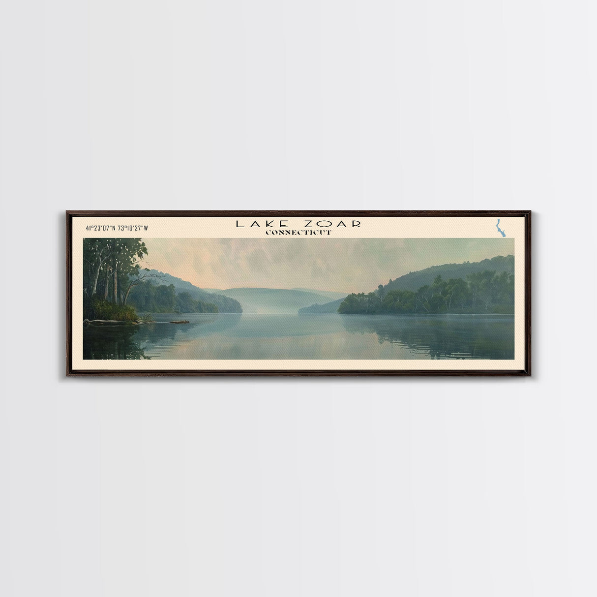 Lake Zoar Connecticut Framed Canvas Print, Lake House Decor, Panoramic Wall Art, Travel Poster, Landscape Painting, Living Room Decor