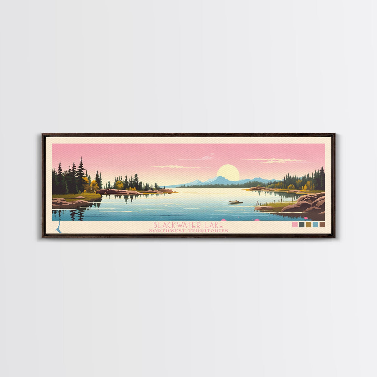 Blackwater Lake Northwest Territories Framed Canvas Print, Panoramic Wall Art, Midcentury Modern, Pop Art, Travel Poster, Scenic Living Room Art, Lake House Decor