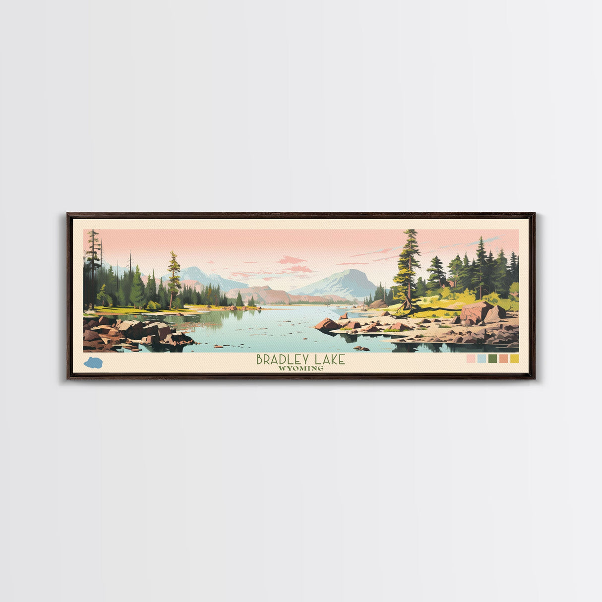 Bradley Lake Wyoming Framed Canvas Print, Midcentury Modern Panoramic Wall Art, Living Room Decor, Pop Art, Travel Poster Art