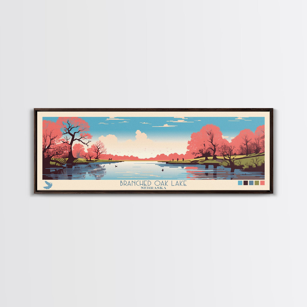 Branched Oak Lake Nebraska Framed Canvas Print, Pop Art Panoramic Travel Poster, Bedroom Decor, Midcentury Modern, Wall Art, Scenic Lake House
