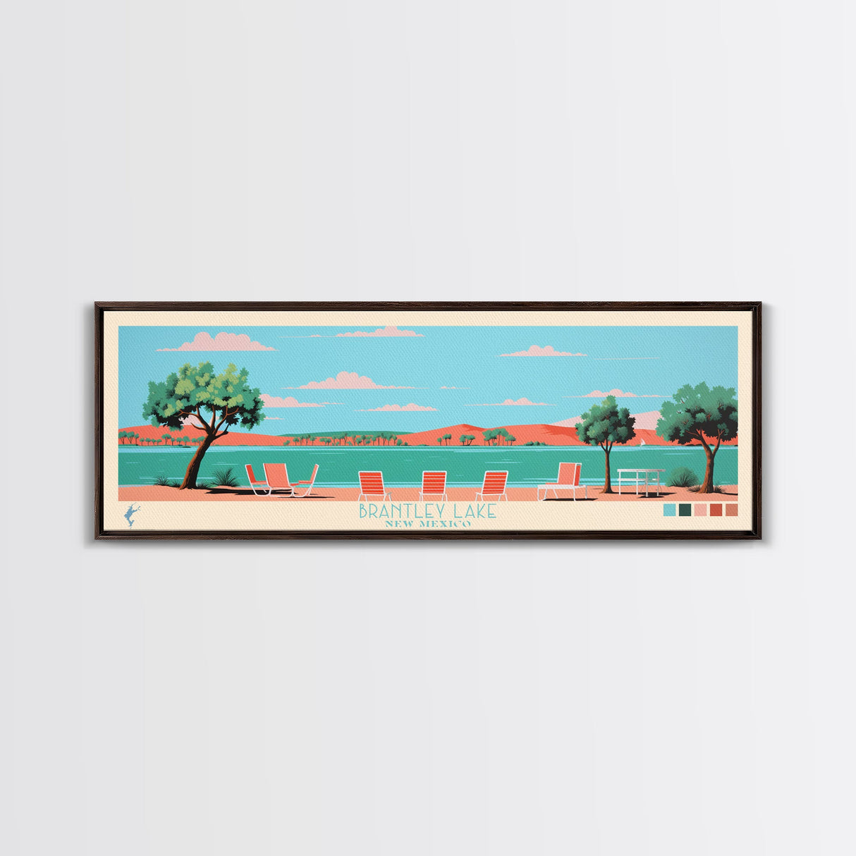 Brantley Lake New Mexico Framed Canvas Print, Midcentury Modern Panoramic Wall Art, Living Room Decor, Pop Art, Travel Poster Art, Scenic Nature Painting