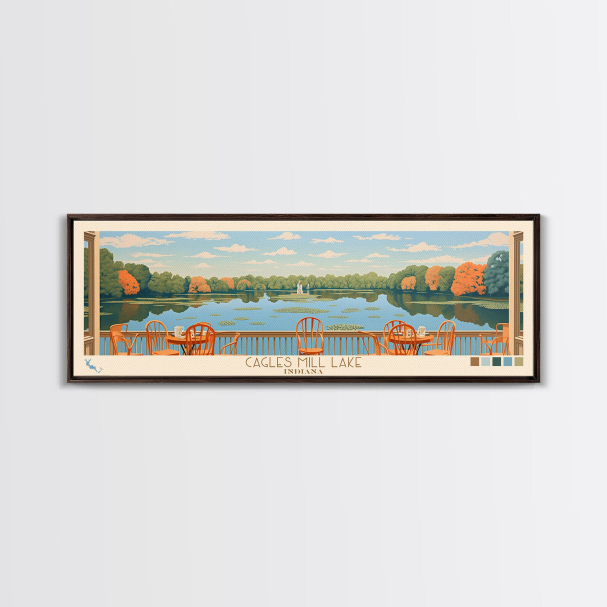 Cagles Mill Lake Indiana Framed Canvas Print, Midcentury Modern Panoramic Wall Art, Living Room Decor, Pop Art, Travel Poster Art, Scenic Nature Painting