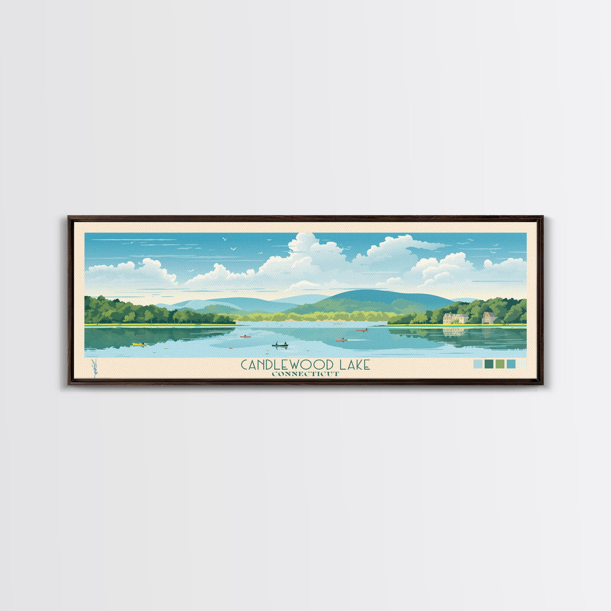 Candlewood Lake Connecticut Framed Canvas Print, Pop Art Panoramic Travel Poster, Midcentury Modern, Wall Art, Scenic Nature Painting, Bedroom Decor
