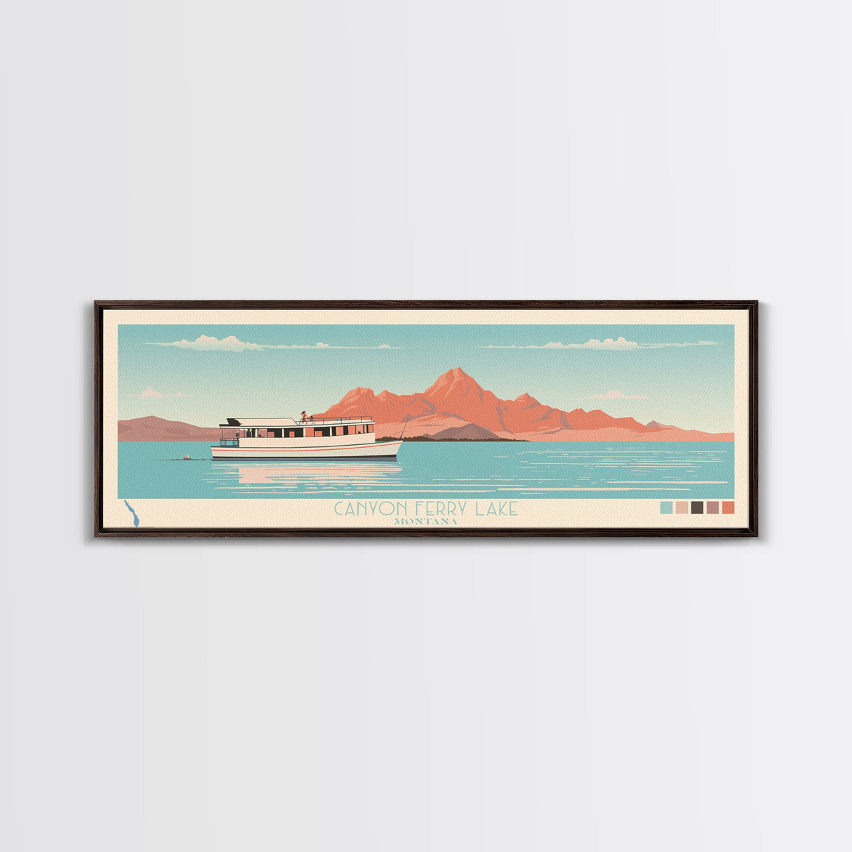 Canyon Ferry Lake Montana Framed Canvas Print, Pop Art Panoramic Travel Poster, Bedroom Decor, Midcentury Modern, Wall Art, Scenic Lake House, Nature Art