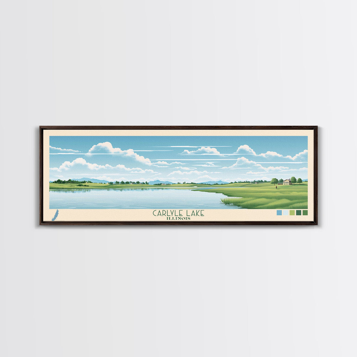 Carter Lake Nebraska Framed Canvas Print, Midcentury Modern Panoramic Wall Art, Living Room Decor, Pop Art, Travel Poster Art, Scenic Nature Painting, Lake House Decor