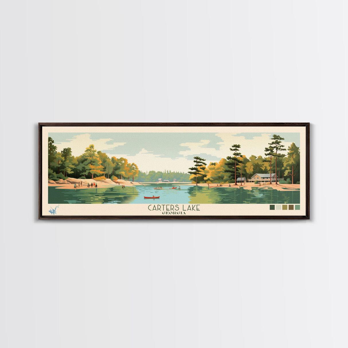 Carters Lake Georgia Framed Canvas Print, Pop Art Panoramic Travel Poster, Midcentury Modern, Wall Art, Scenic Nature Painting, Bedroom Decor, Living Room Art