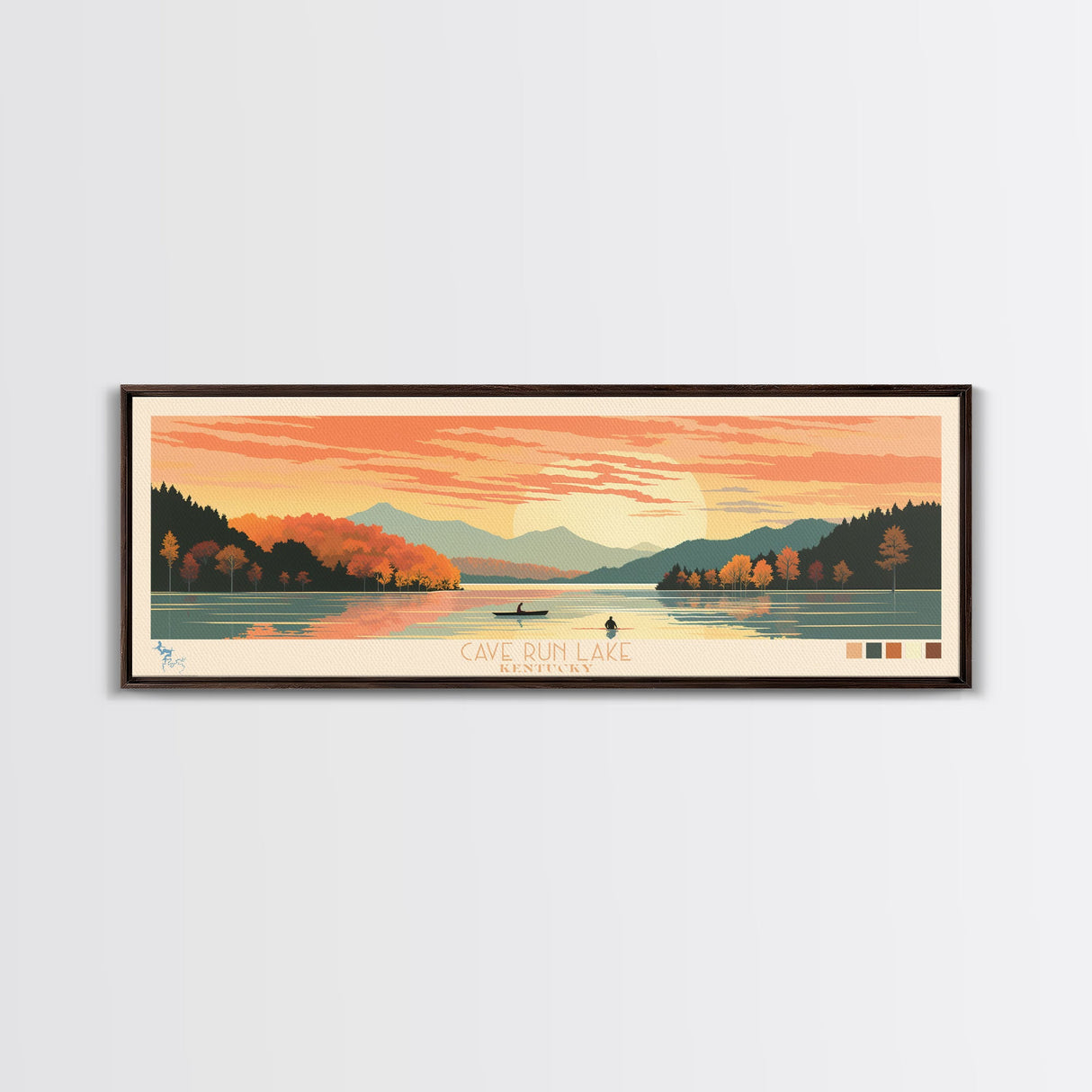 Cave Run Lake Kentucky Framed Canvas Print, Midcentury Modern Panoramic Wall Art, Living Room Decor, Pop Art, Travel Poster Art, Nature Art, Lake House Decor