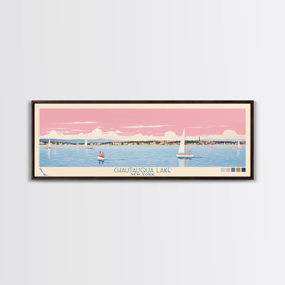 Chautauqua Lake New York Framed Canvas Print, Pop Art Panoramic Travel Poster, Midcentury Modern, Wall Art, Scenic Nature Painting, Bedroom Decor, Living Room Art