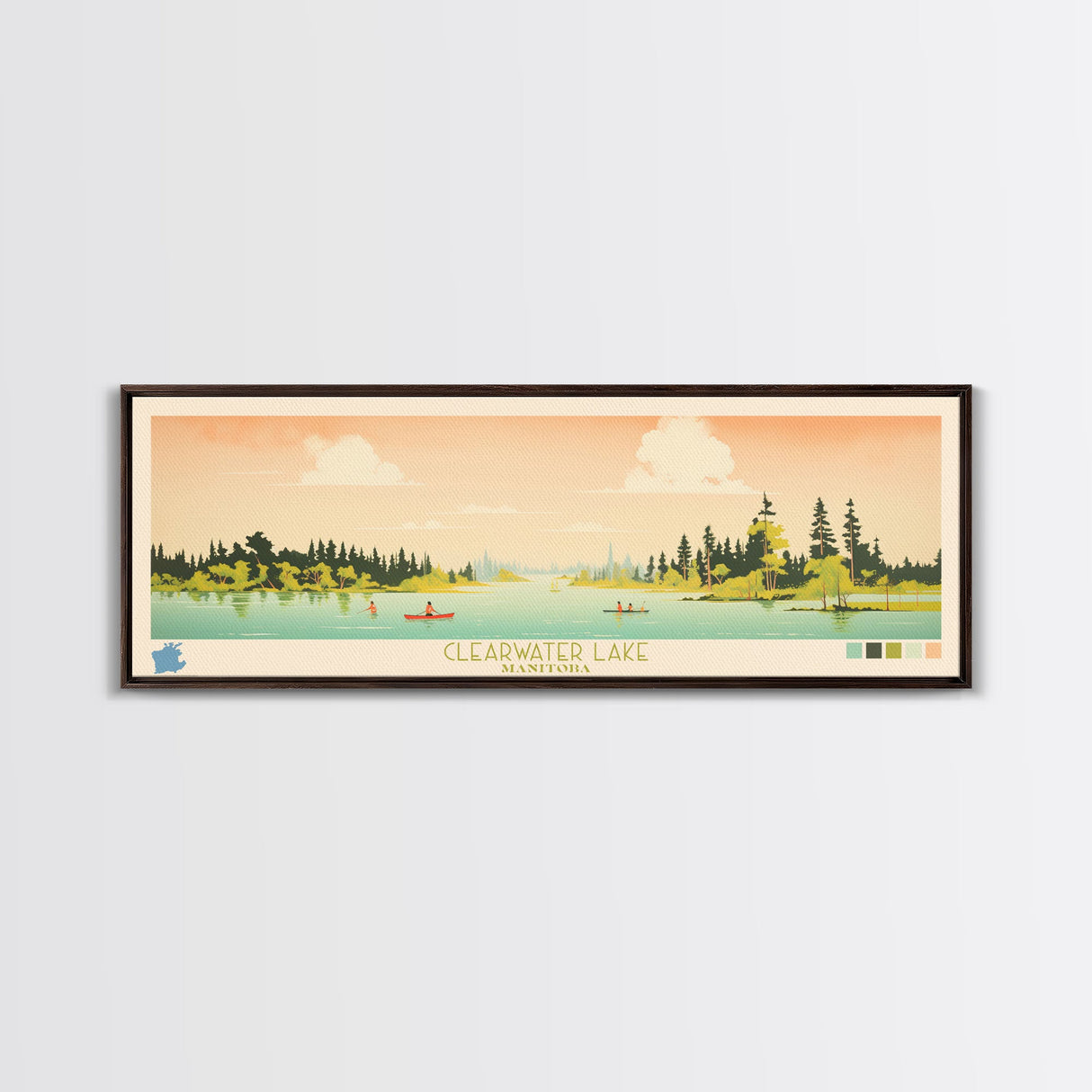 Clearwater Lake Manitoba Framed Canvas Print, Midcentury Modern Panoramic Wall Art, Living Room Decor, Pop Art, Travel Poster Art, Scenic Nature Painting, Lake House Decor