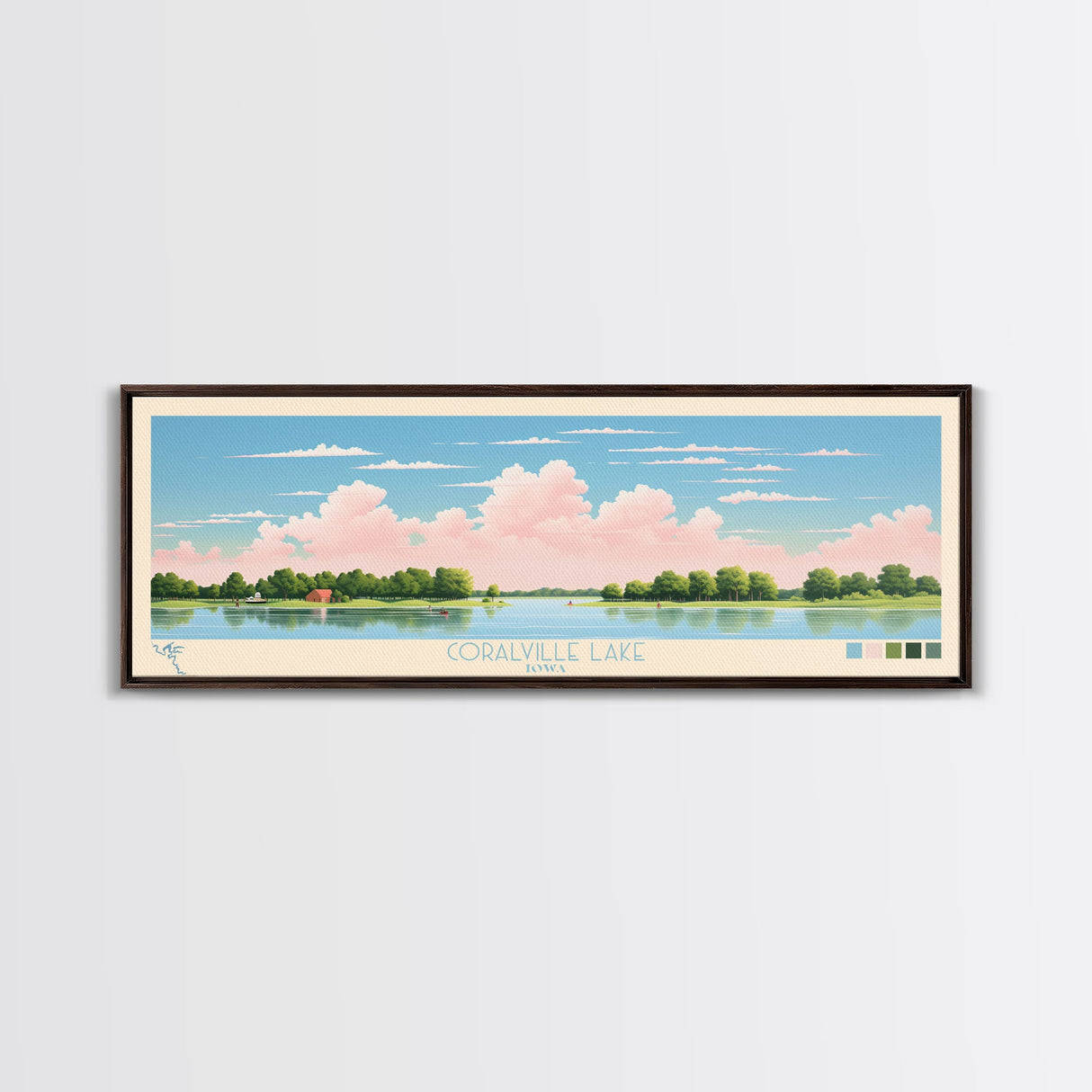Coralville Lake Iowa Framed Canvas Print, Midcentury Modern Panoramic Wall Art, Living Room Decor, Pop Art, Travel Poster Art, Scenic Nature Painting, Lake House Decor