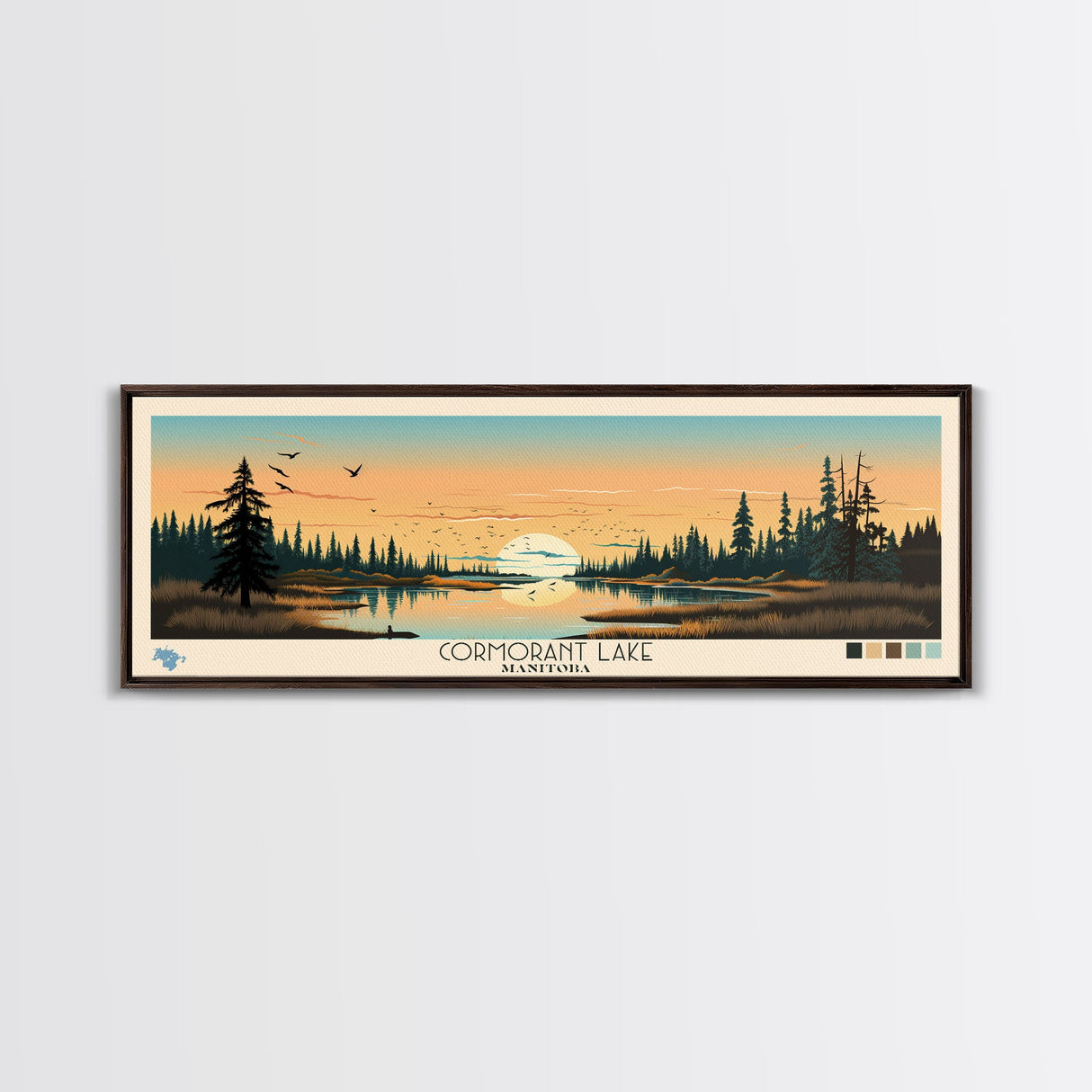 Cormorant Lake Manitoba Framed Canvas Print, Pop Art Panoramic Travel Poster, Midcentury Modern, Wall Art, Scenic Nature Painting, Bedroom Decor, Living Room Art