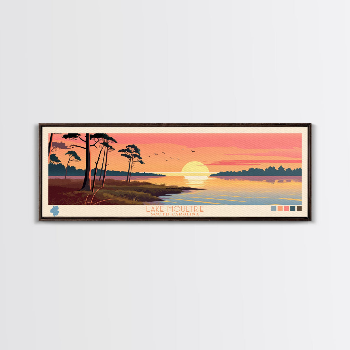 Lake Moultrie South Carolina Framed Canvas Print, Panoramic Wall Art, Midcentury Modern, Pop Art, Living Room Decor, Travel Poster
