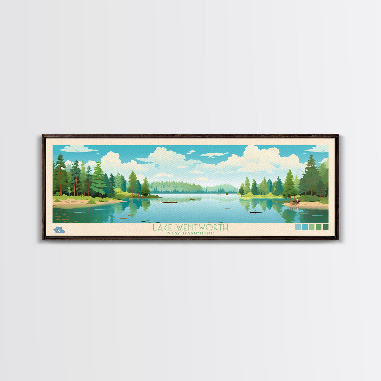 Lake Wentworth, New Hampshire Panoramic Wall Art Framed Canvas Print, Midcentury Modern, Pop Art, Home Decor, Travel Poster, Living Room Art