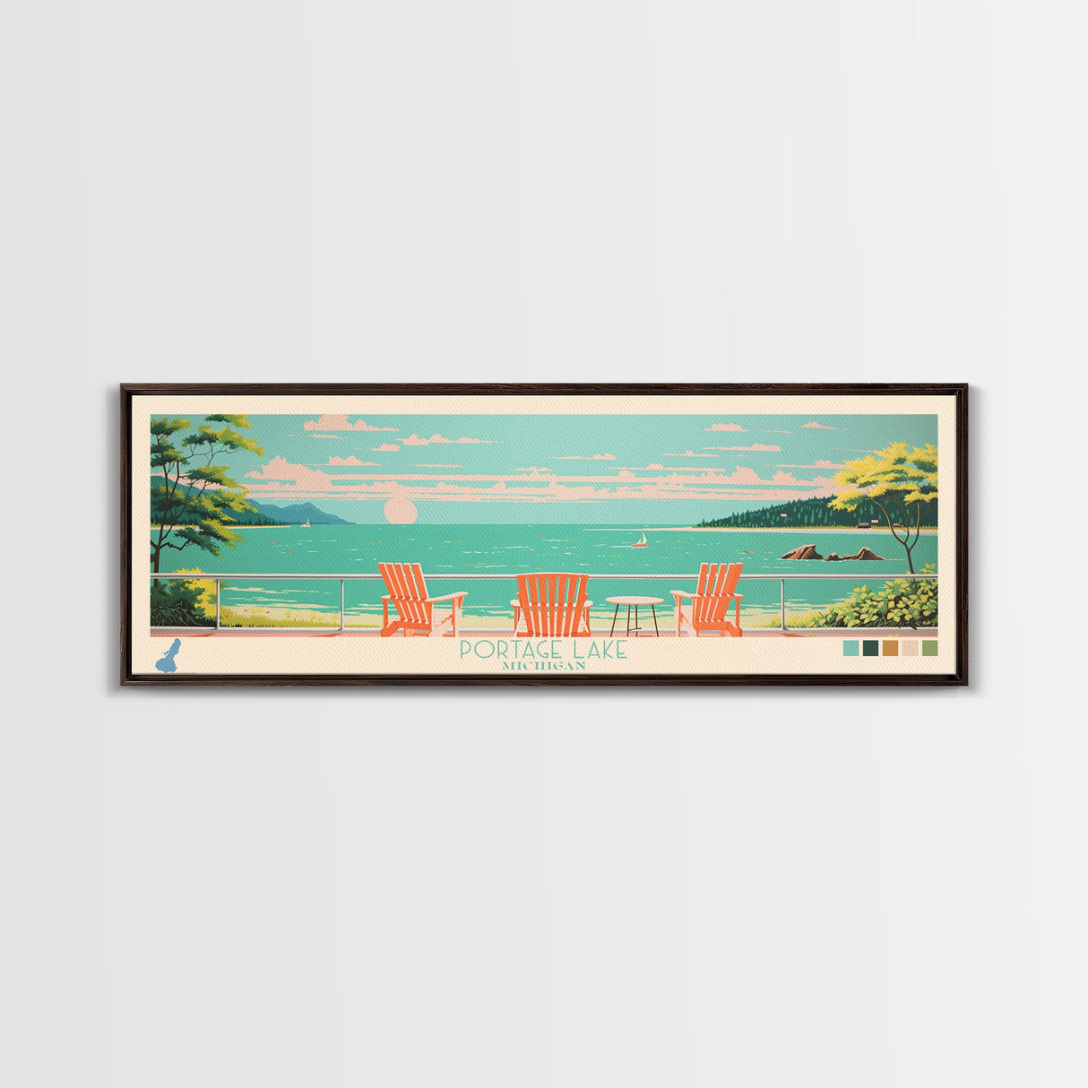 Portage Lake, Michigan Framed Canvas Print, Bedroom Art, Midcentury Modern, Pop Art, Panoramic Wall Art, Travel Poster
