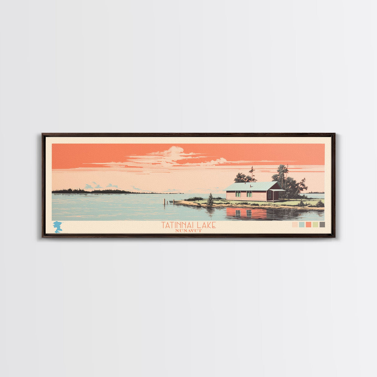 Tatinnai Lake, Nunavut Framed Canvas Print, Lake House Decor, Midcentury Modern Art, Pop Art, Travel Poster, Living Room Wall Art