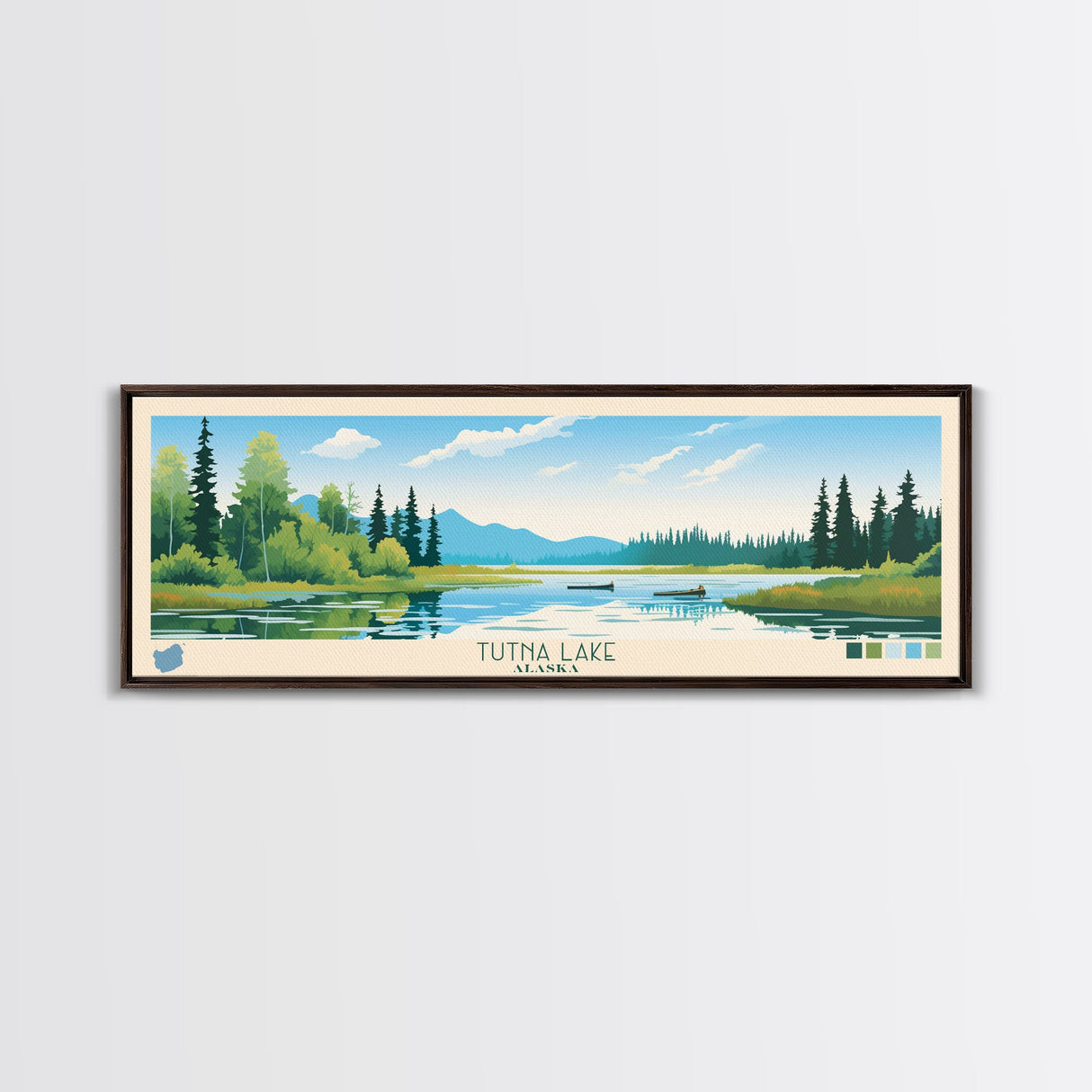 Tutna Lake, Alaska Framed Canvas Print, Lake House Art, Midcentury Modern Decor, Pop Art, Travel Poster, Bedroom Wall Art
