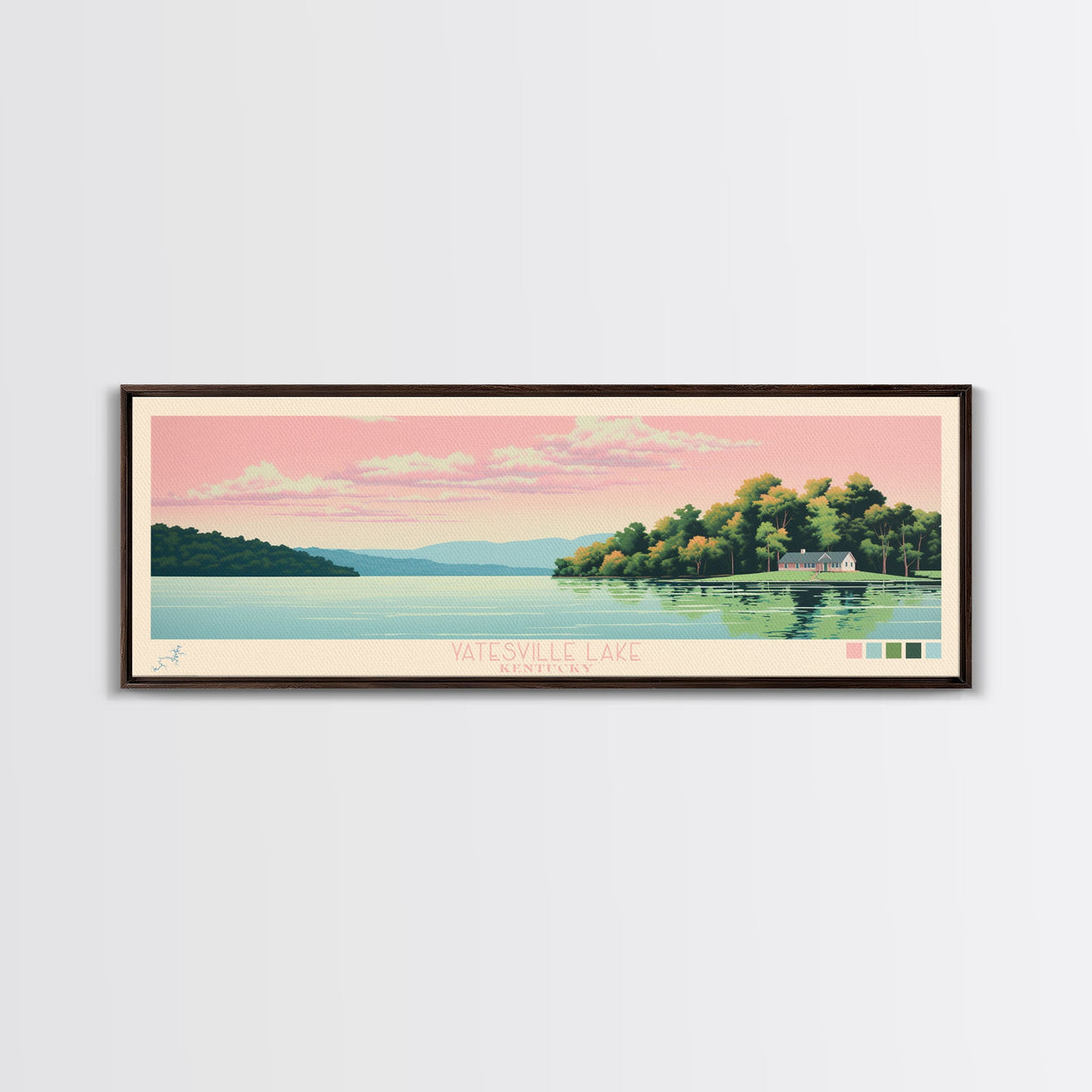 Yatesville Lake, Kentucky Panoramic Framed Canvas Print, Lake House Decor, Midcentury Modern Art, Pop Art, Travel Poster