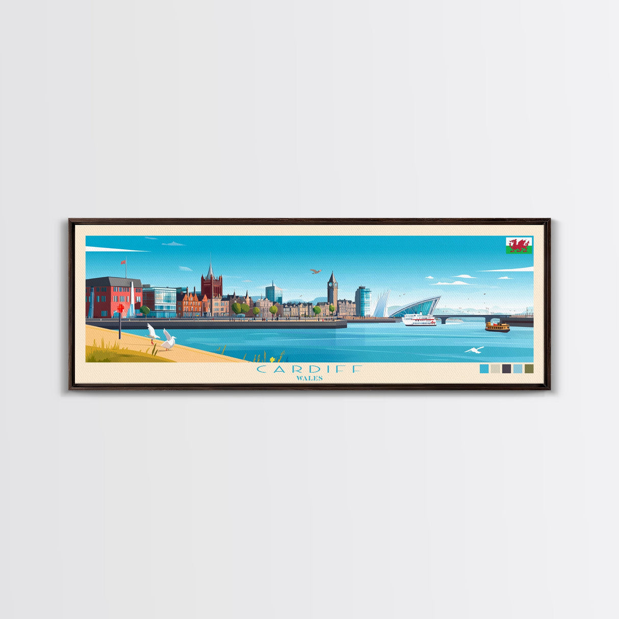 Cardiff, Wales Travel Poster Panoramic Canvas Print, Cardiff, Wales Painting, Wales Art, Cardiff Travel Art, Guest Room Painting