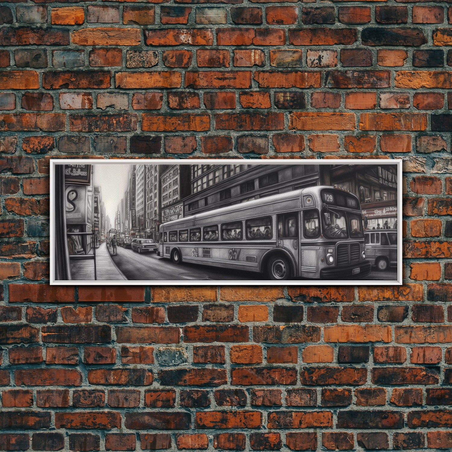 Detailed Street Pencil Sketch Canvas Print, City Wall Art, Bus, Cars, Traffic, Buildings, Urban Art Print, Panoramic, Wall Art, Canvas Print