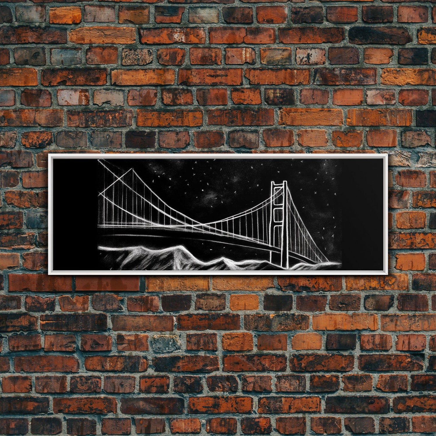 Black And White Suspension Bridge Canvas Print, Large Urban Art Print, Line Art, Chalk Wall Decor, Panoramic, Wall Art, Canvas Print