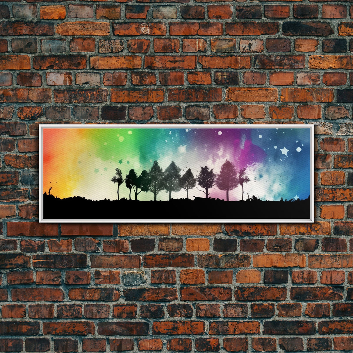 Large Abstract Art Print, Colorful Watercolor Sky, Silhouette Trees, Tie Die Sky, Framed Canvas Print, Panoramic, Wall Art, Canvas Print