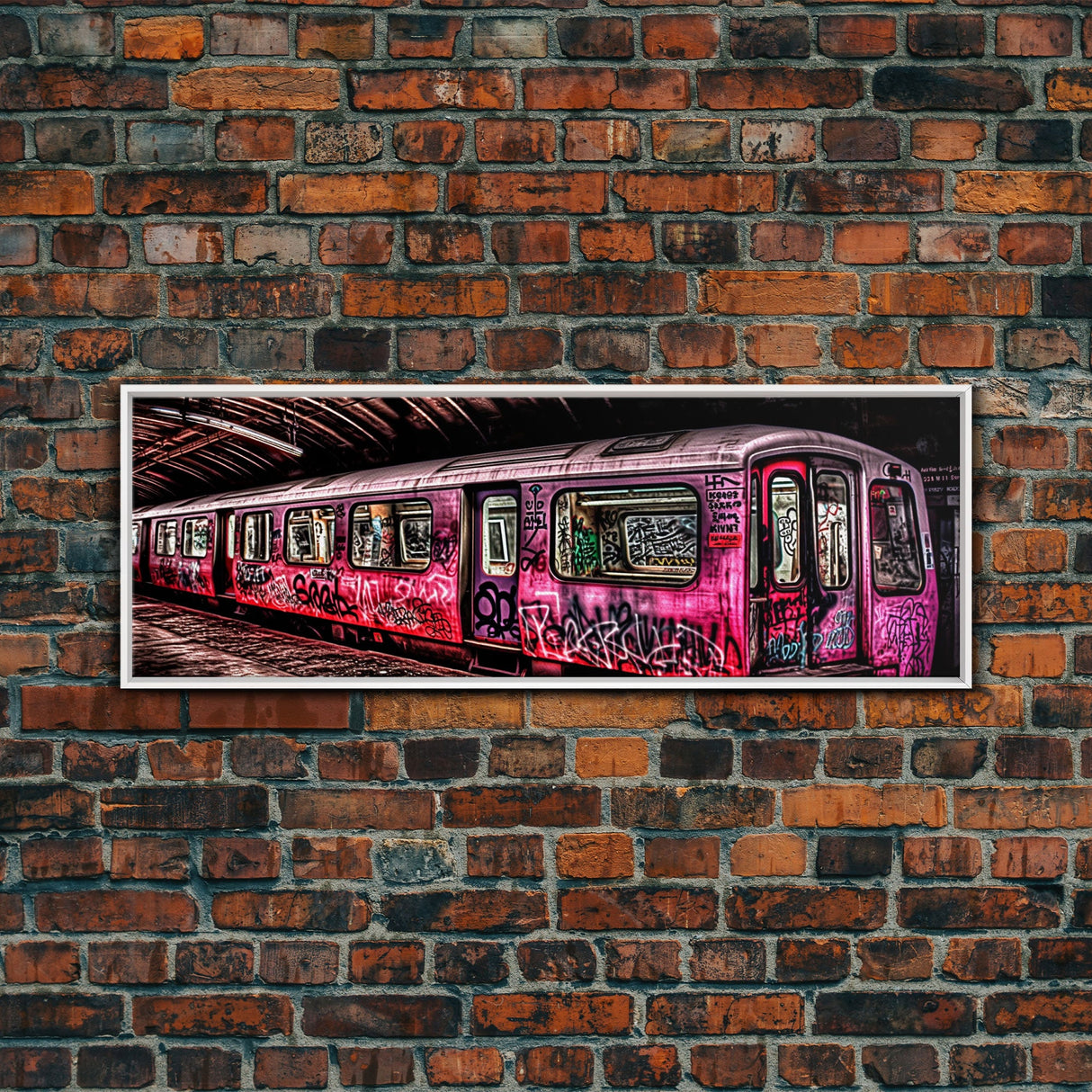 Pink Subway Train Canvas Art Print, Abandoned Train, Graffiti Art, Wall Decor, Large Framed Canvas Print, Panoramic, Wall Art, Canvas Print