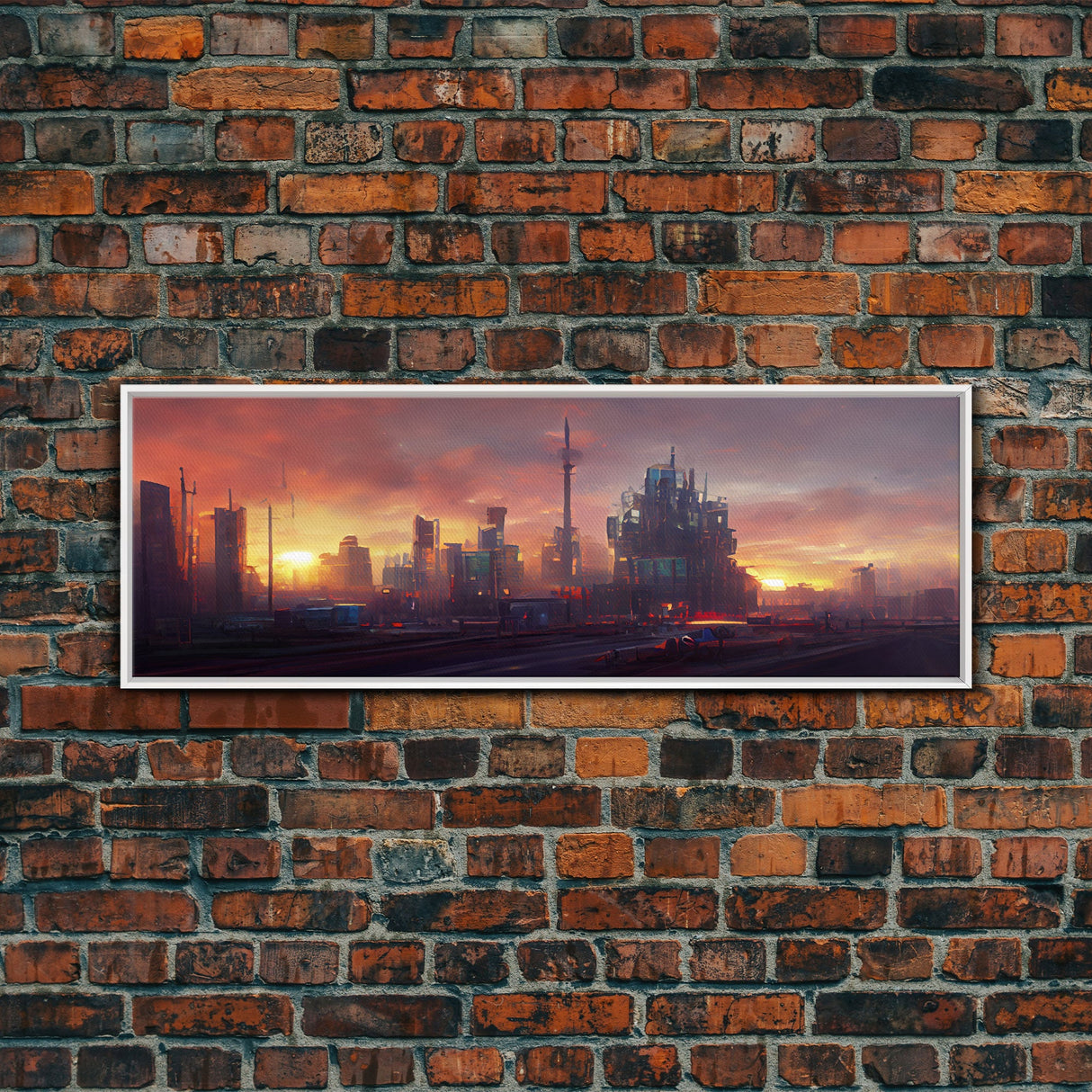 Cyberpunk City, Night City Watercolor, Ready To Hang Canvas Print, Panoramic, Videogame Concept Art, Watercolor Painting Of a Cyberpunk City