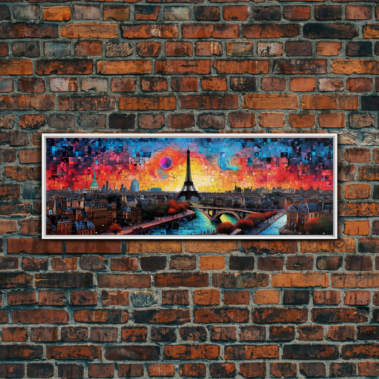 Jigsaw Abstract Paris France Panoramic Framed Canvas Print, Van Gogh Inspired Original Painting, Colorful Wall Art