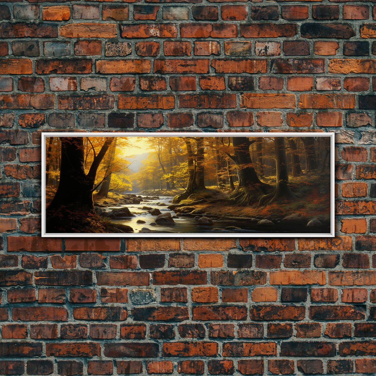The Forest In The Autumn, Fall Centerpiece, Panoramic Painting Framed Canvas Print, Fall Decor, Orange Leaves Falling In The Forest