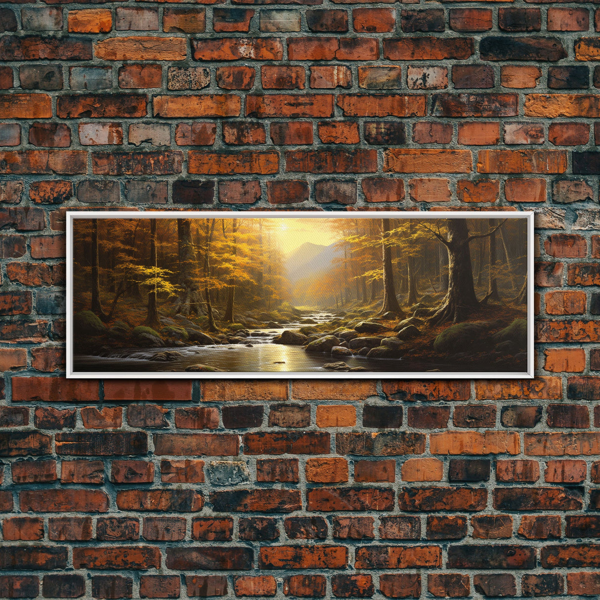 The Forest In The Fall, Fall Centerpiece, Panoramic Painting Framed Canvas Print, Fall Decor, Orange Leaves Falling In The Forest