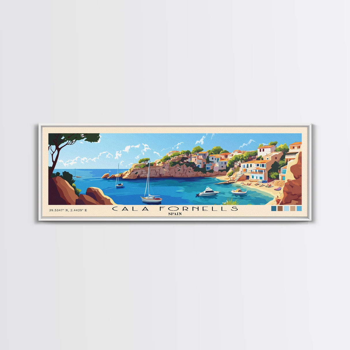 Cala Fornells, Spain Panoramic Beach Print, Vacation Gift, Spain Wall Art, Framed Canvas Print, Framed Beach Painting
